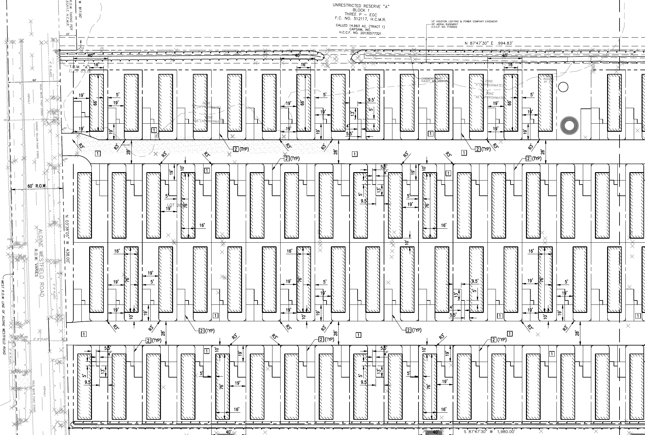 Aldine Westfield Premanufactured Home Community civil layout sheet C2.0, showing the entrance, home sites, and internal streets, with the right-side information column removed