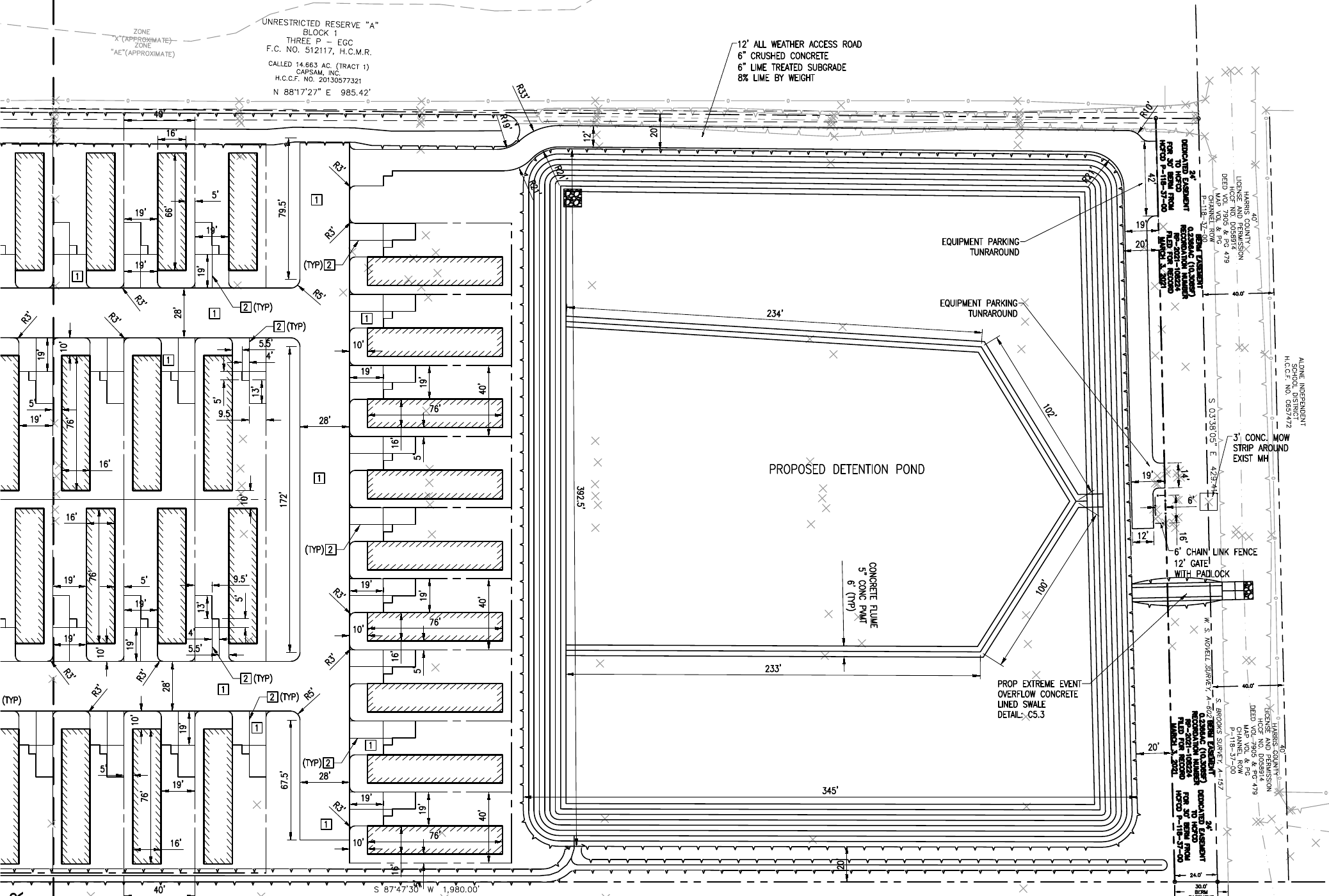 Aldine Westfield Premanufactured Home Community civil layout sheet C2.2, showing home sites and the proposed detention pond, with the right-side information column removed