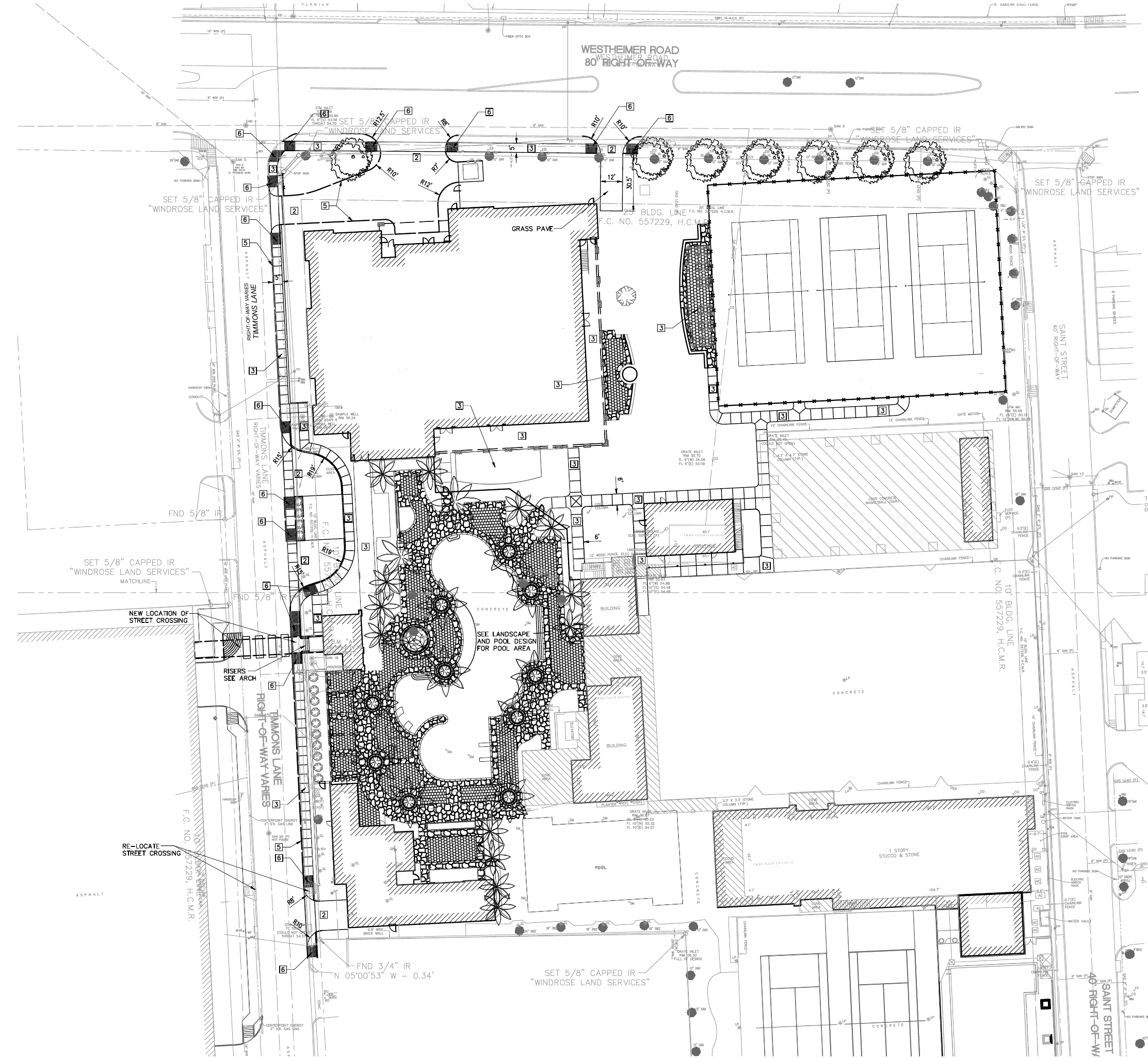 The Briar Club civil layout drawing showing buildings, tennis courts, and pool-area improvements, with the right-side information column removed
