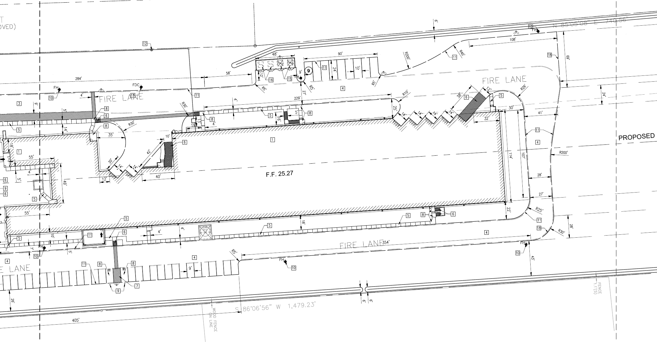 El Matador layout sheet 13 showing the food processing facility footprint, parking, and fire lane circulation, with the right-side information column removed