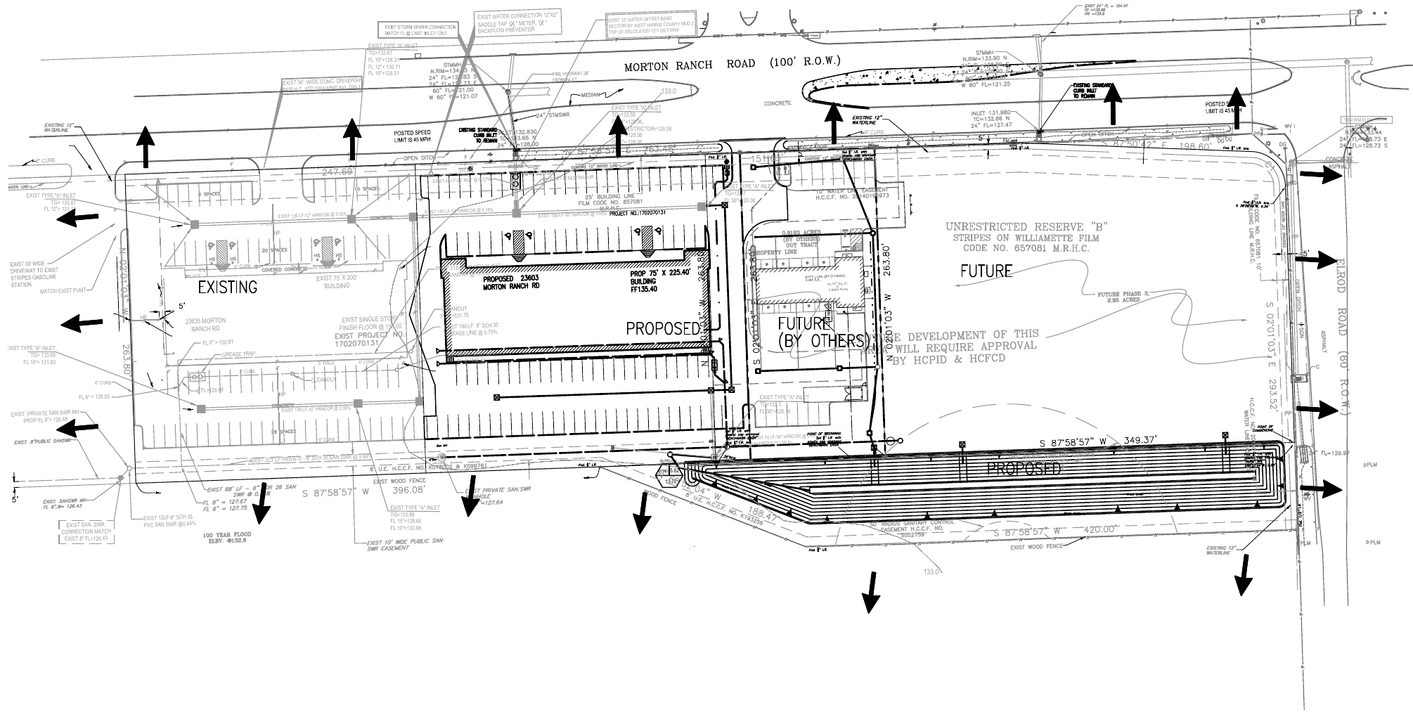 Morton Ranch Plaza Phase II overall civil site plan showing existing and proposed development, parking, access, and drainage directions, with the right-side information column removed