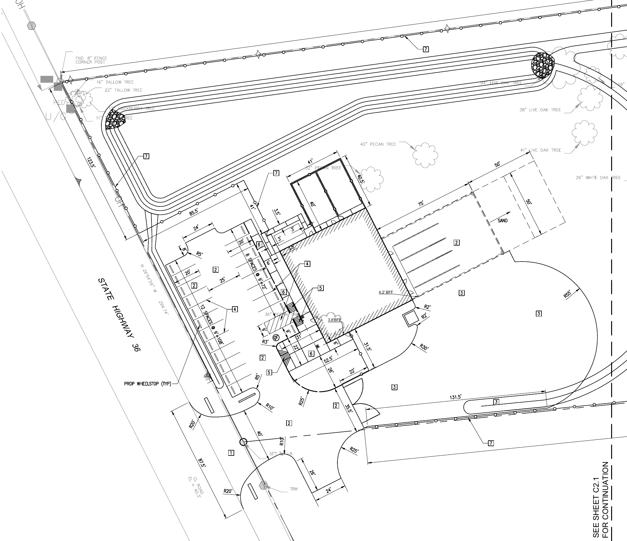 West Columbia Vet Clinic civil layout showing the clinic building, parking, driveways, and site improvements along State Highway 36, with the right-side information column removed