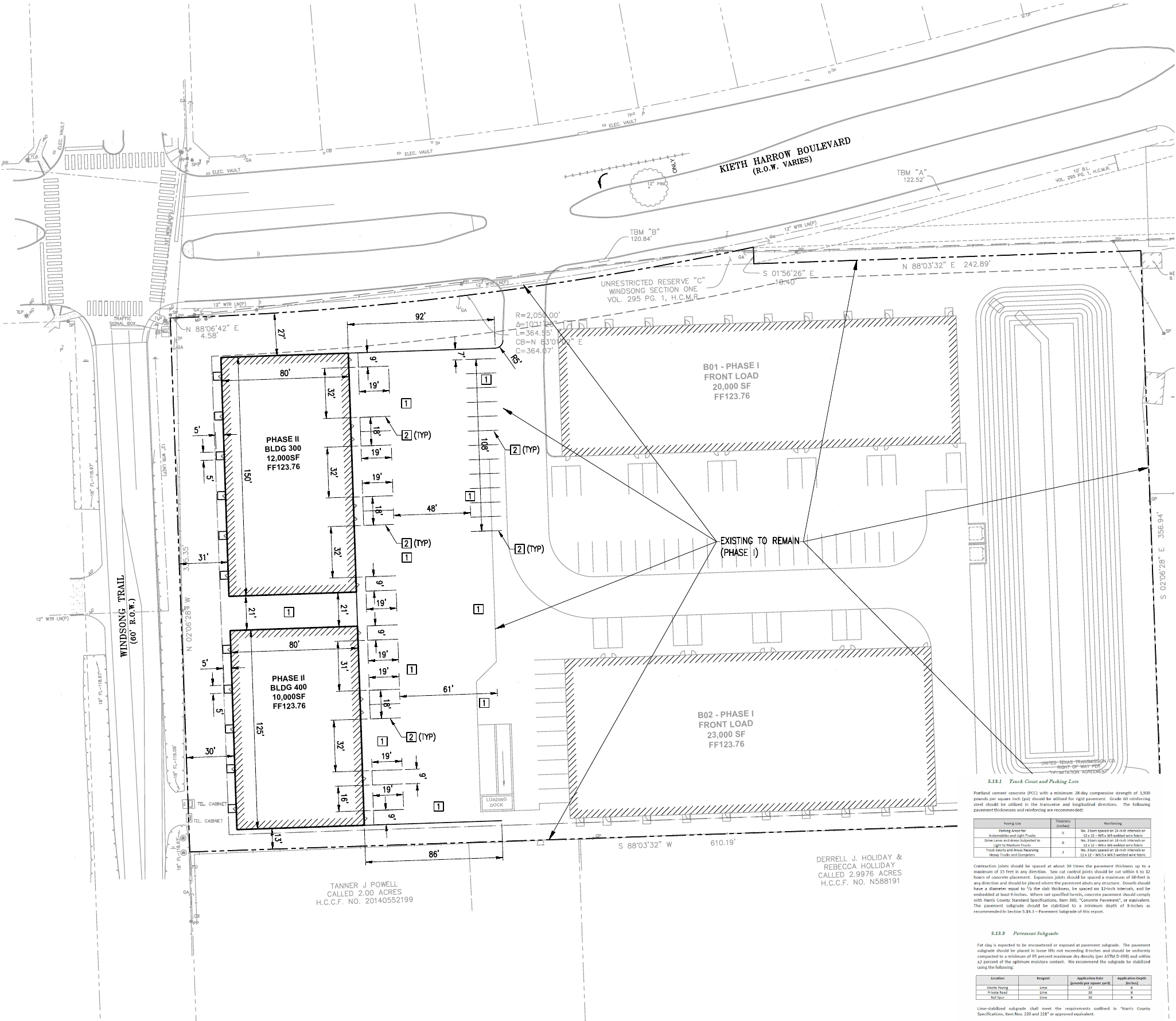 Windsong Business Park Phase II civil layout showing the new buildings and parking in relation to existing Phase I development, with the right-side information column removed